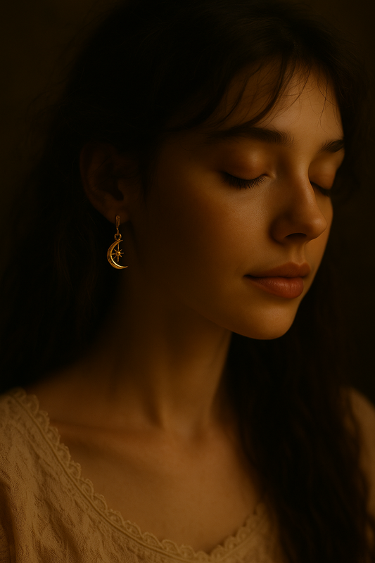 Gold-plated crescent moon and star earrings on model with lace top, soft golden lighting, celestial jewelry by MinMin Handmade.