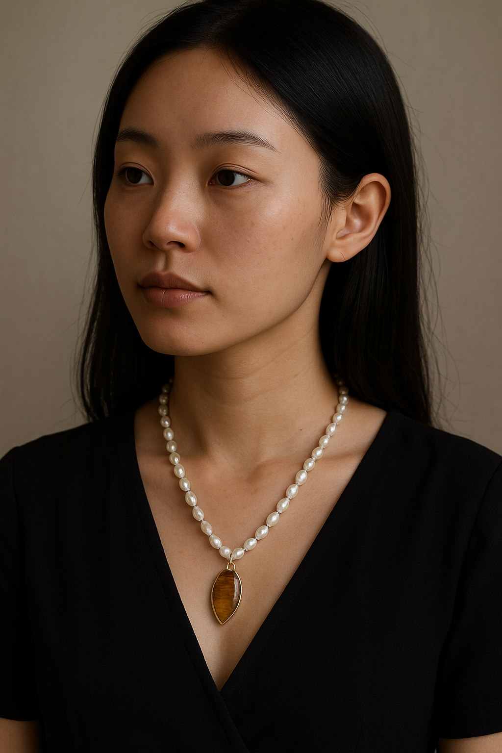 Vintage Pearl Necklace with Tiger Eye Pendant-MinMin Handmade Reborn collection