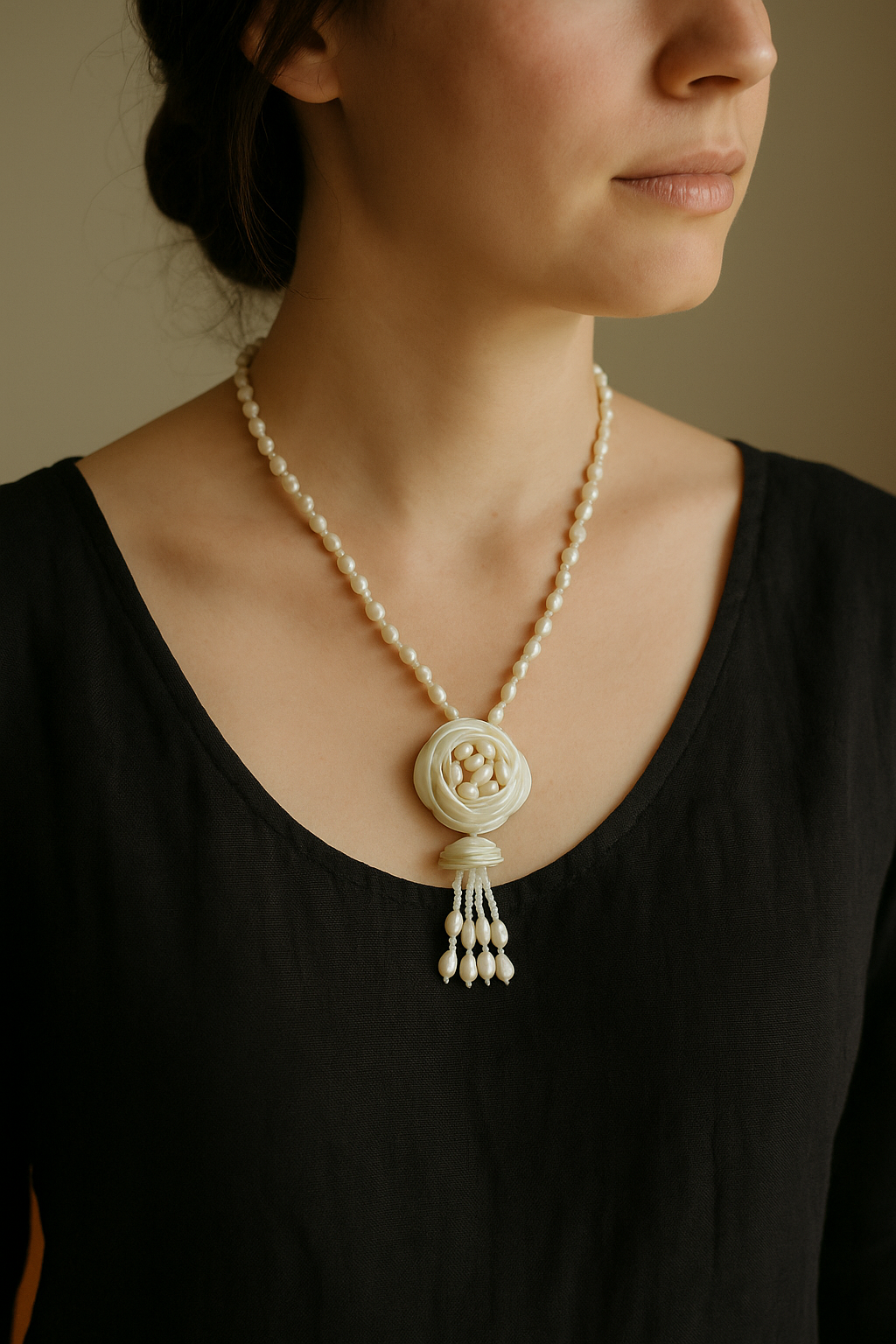 Pearl necklace with a decorative pendant worn by a person against a neutral background