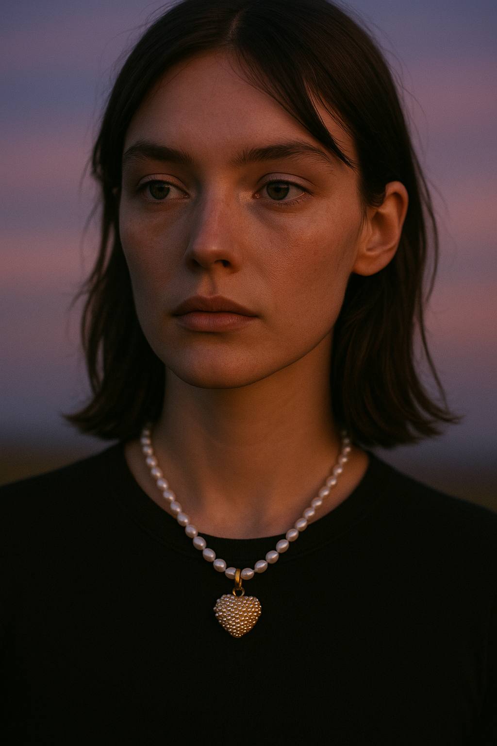 Woman wearing a pearl necklace with a heart pendant against a blurred background
