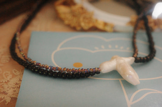 Where the Wild Rose Waits – Black Crystal beads & baroque pearl pendant necklace