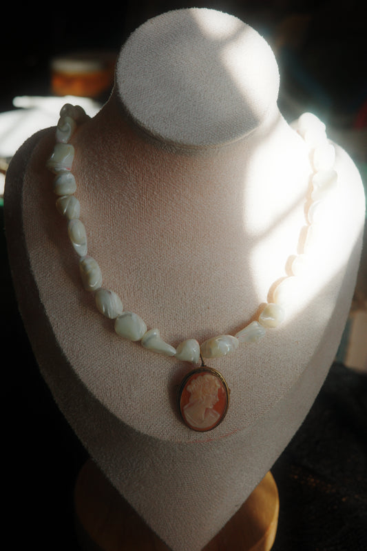 handmade necklace with pearl beads and vintage cameo pendant