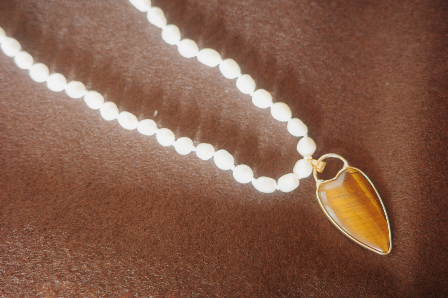 Vintage Pearl Necklace with Tiger Eye Pendant-MinMin Handmade Reborn collection