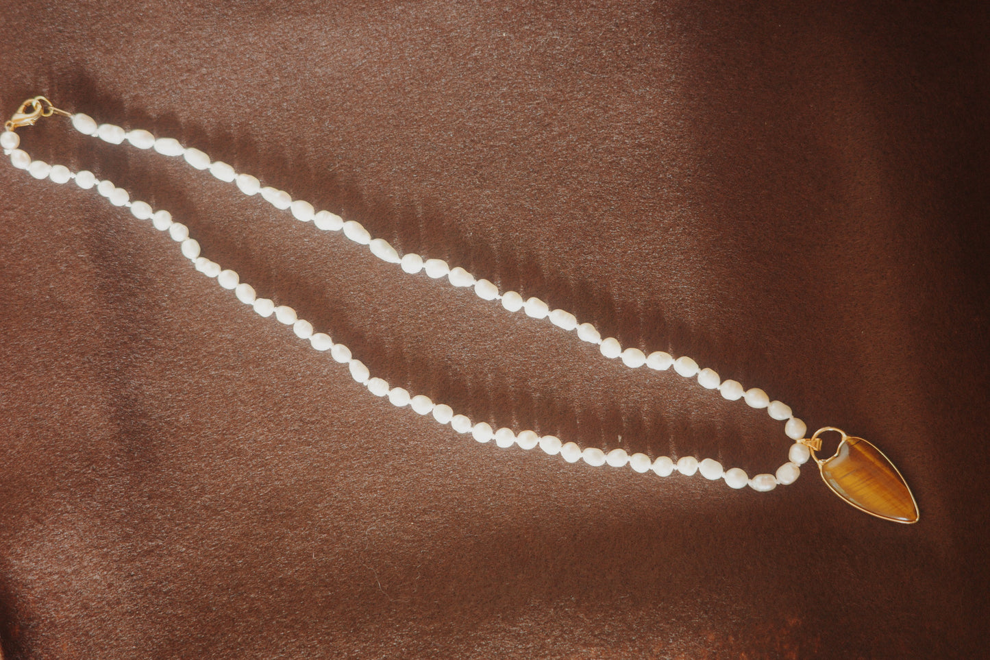 Vintage Pearl Necklace with Tiger Eye Pendant-MinMin Handmade Reborn collection