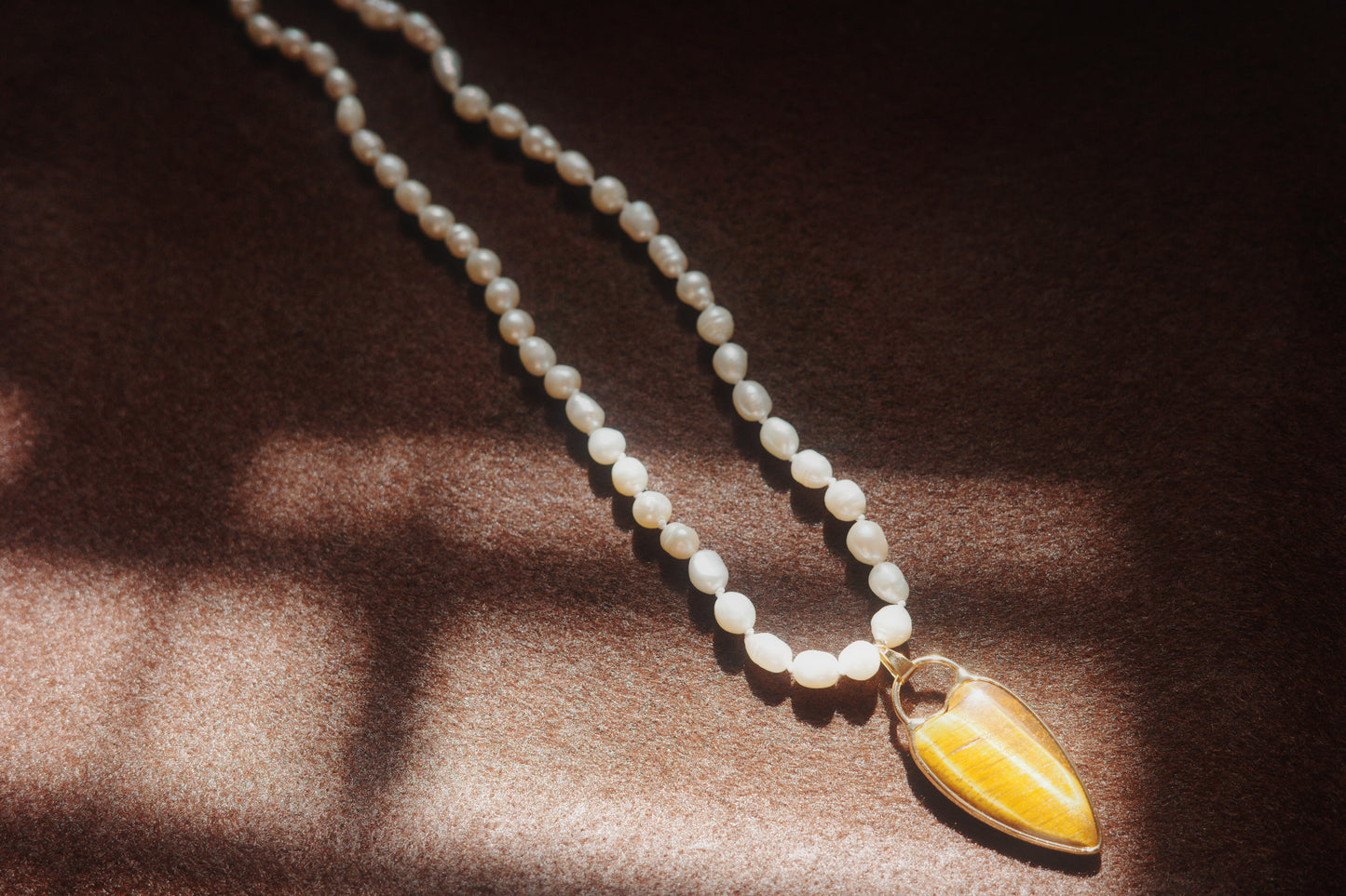 Vintage Pearl Necklace with Tiger Eye Pendant-MinMin Handmade Reborn collection