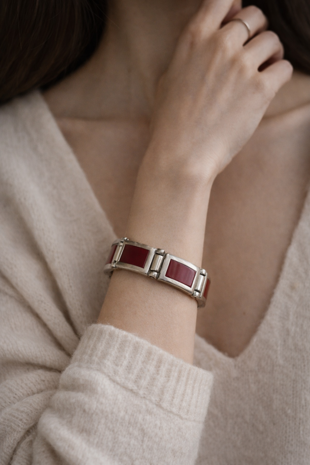 Vintage Taxco Sterling Silver Bracelet with Red Jasper Inlay