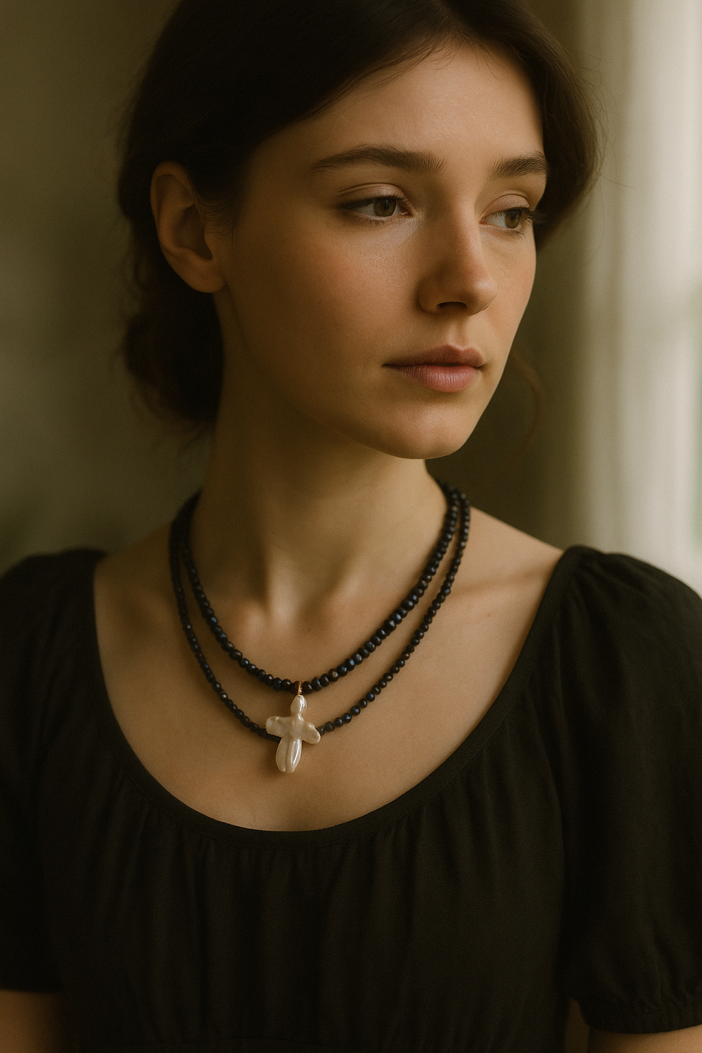 Where the Wild Rose Waits – Baroque Pearl & Black Crystal Necklace