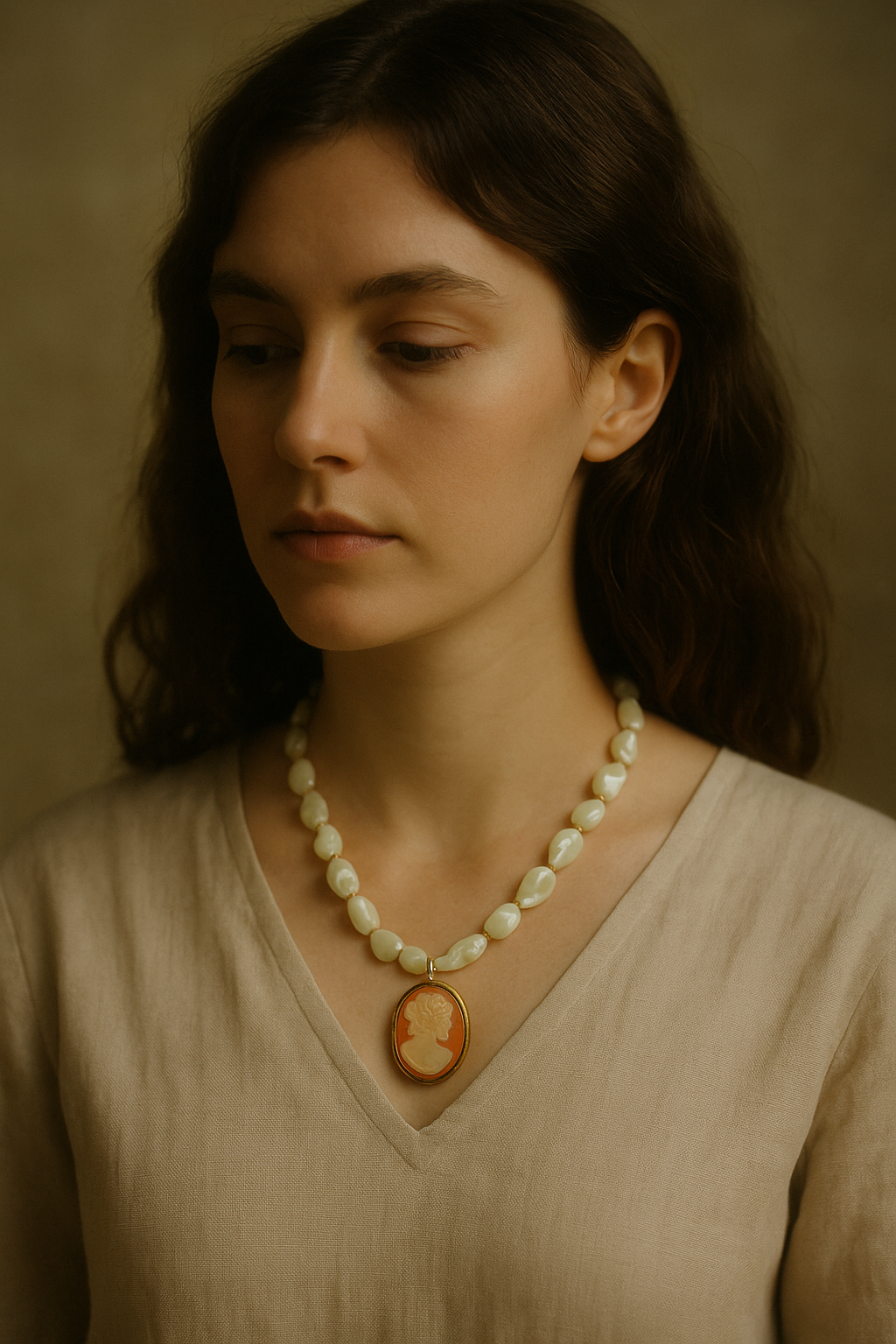 handmade necklace with pearl beads and vintage cameo pendant