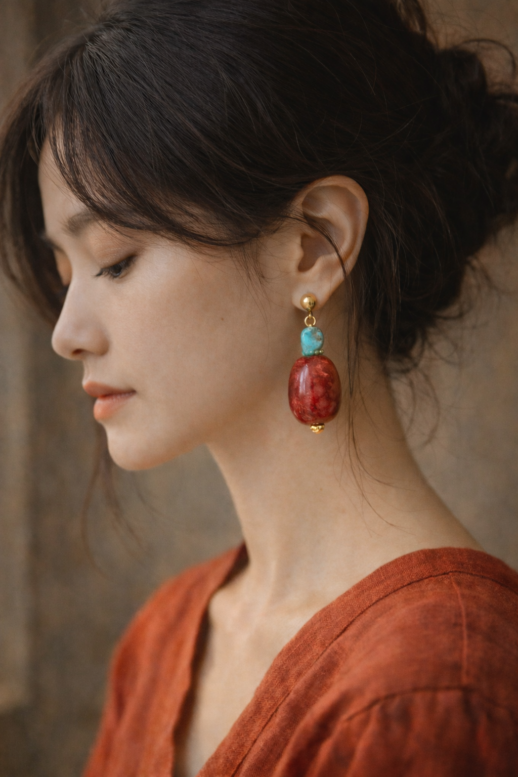 red jasper beads with turquoise earring
