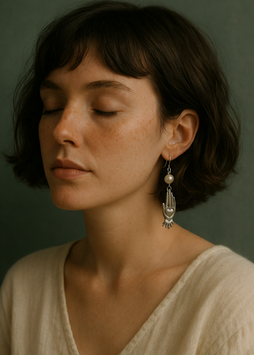 silver plated pearl with silver plated hand pendant earring