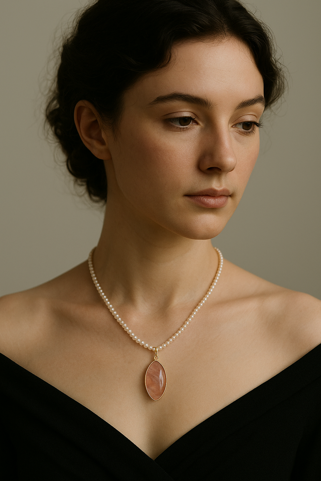 Woman wearing a pearl necklace with a pendant against a neutral background