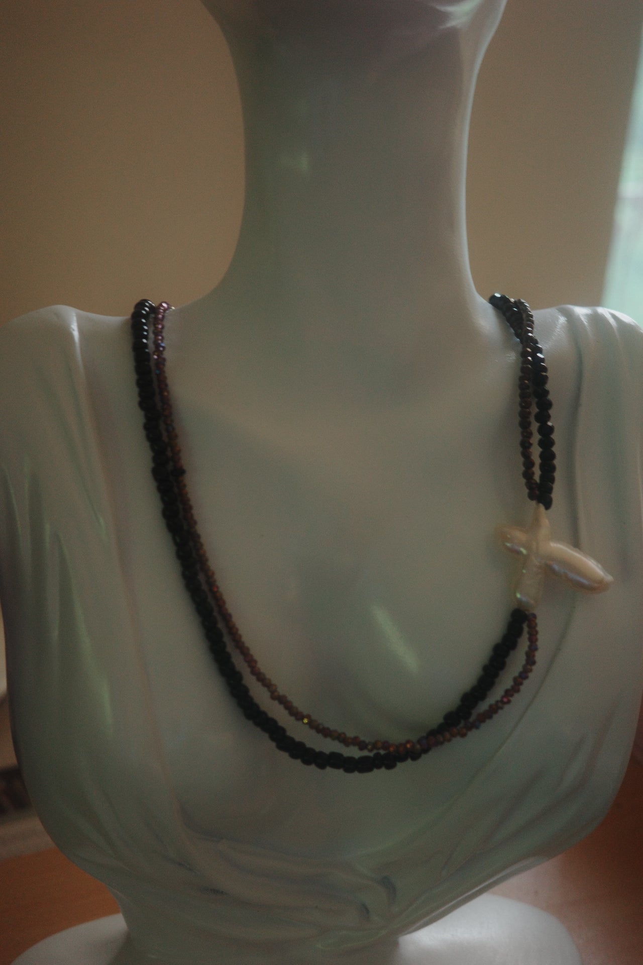Where the Wild Rose Waits – Baroque Pearl & Black Crystal Necklace