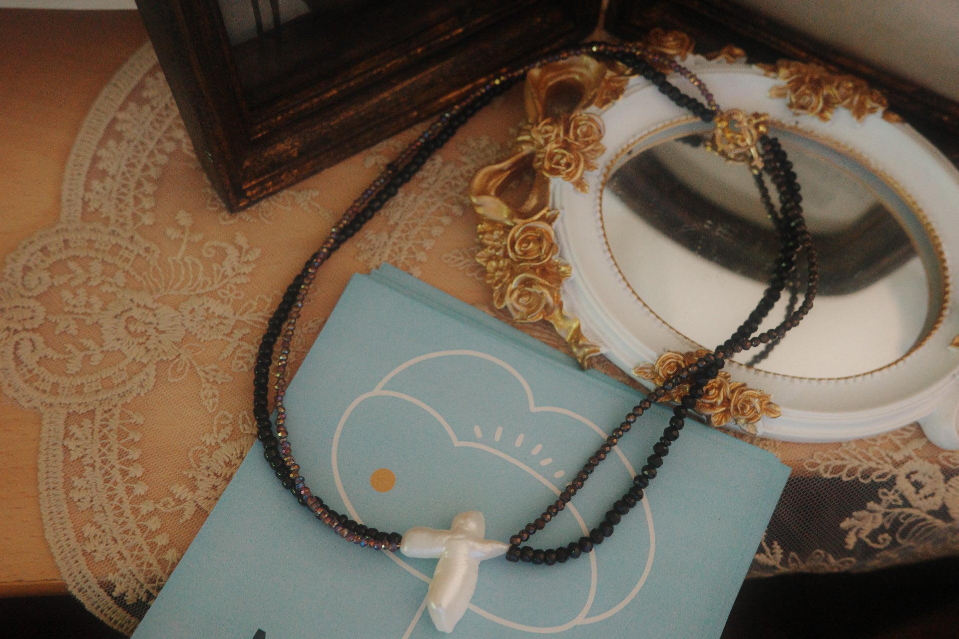 Where the Wild Rose Waits – Baroque Pearl & Black Crystal Necklace