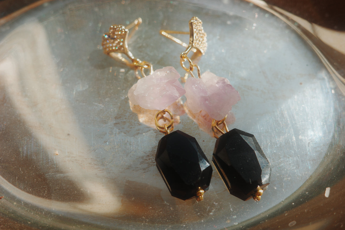 Veil of Night Earrings – Raw Amethyst & Black Stone | Hermit Collection
