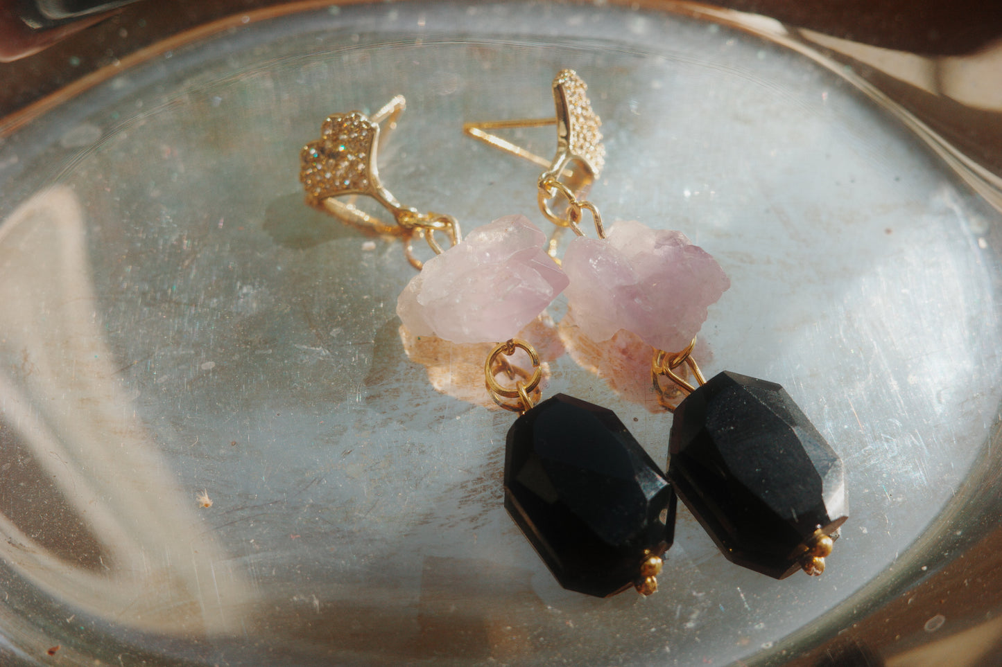 Veil of Night Earrings – Raw Amethyst & Black Stone | Hermit Collection