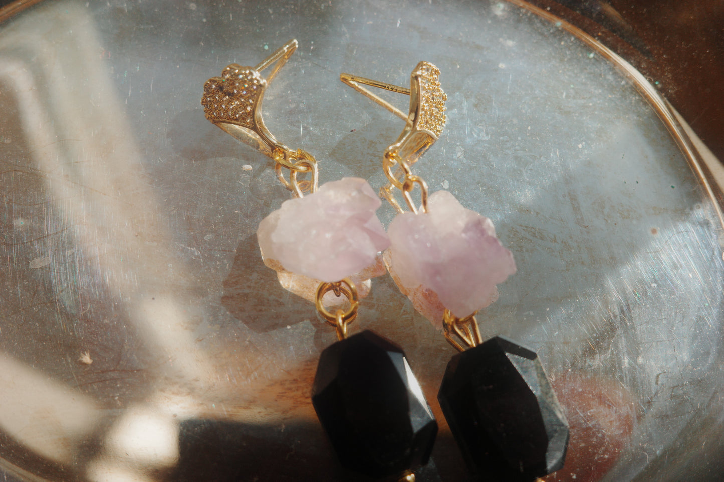Veil of Night Earrings – Raw Amethyst & Black Stone | Hermit Collection