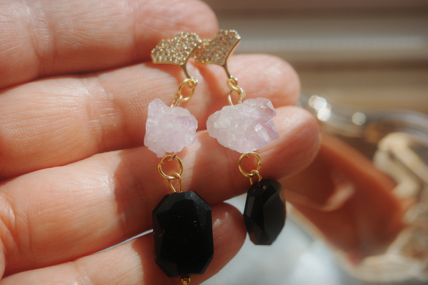 Veil of Night Earrings – Raw Amethyst & Black Stone | Hermit Collection