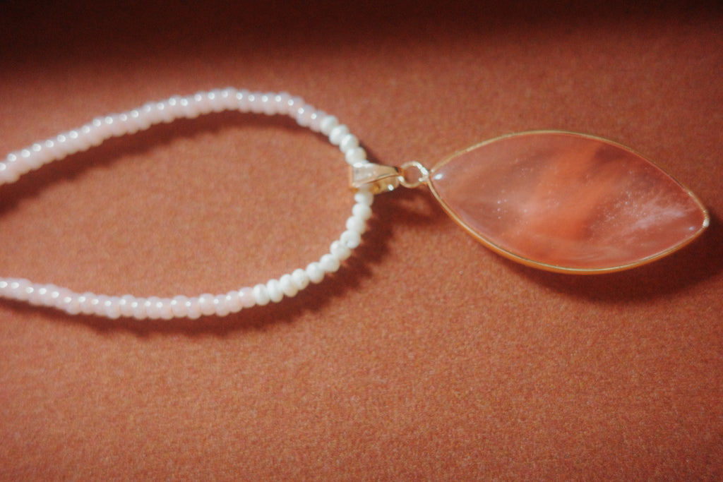 pink seed bead necklace with cherry quartz pendant