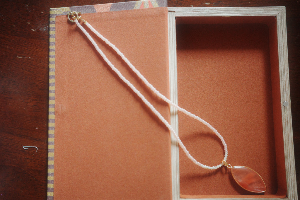 pink seed bead necklace with cherry quartz pendant