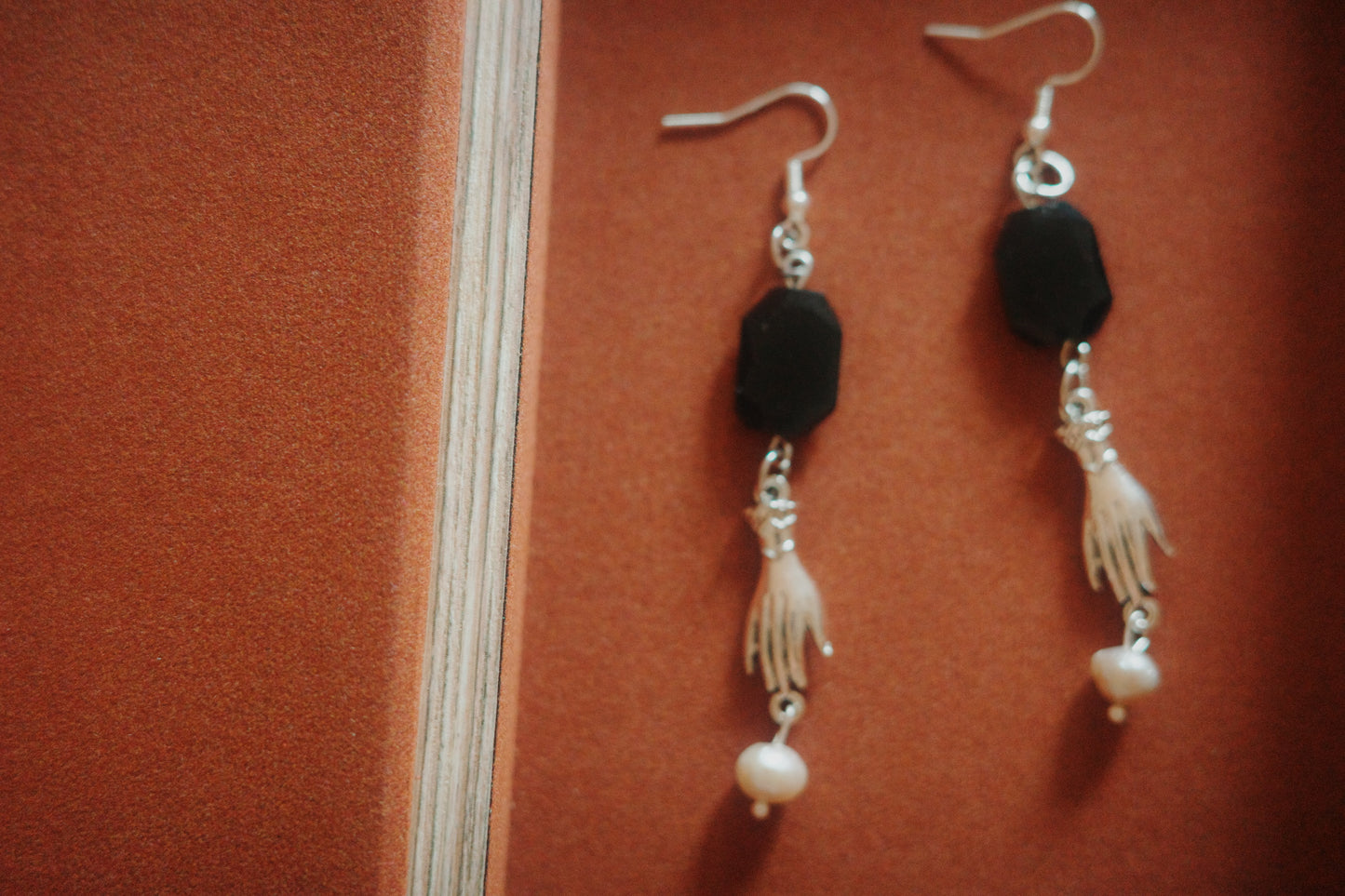Hands of Midnight – Handmade Black Obsidian and Pearl Earrings with Silver Hand Charms