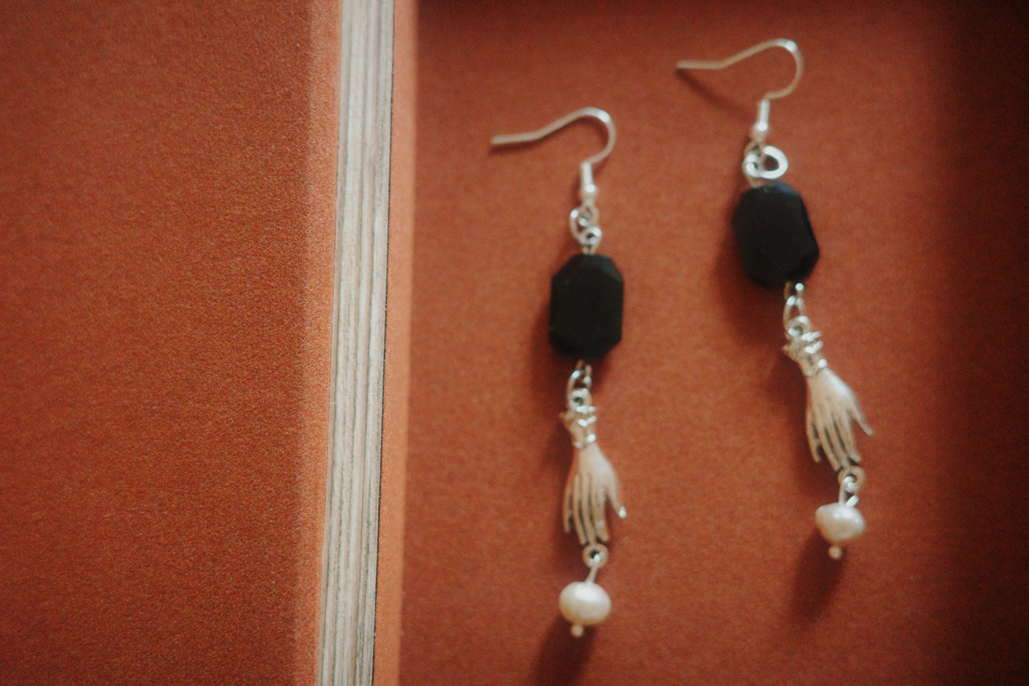 Hands of Midnight – Handmade Black Obsidian and Pearl Earrings with Silver Hand Charms