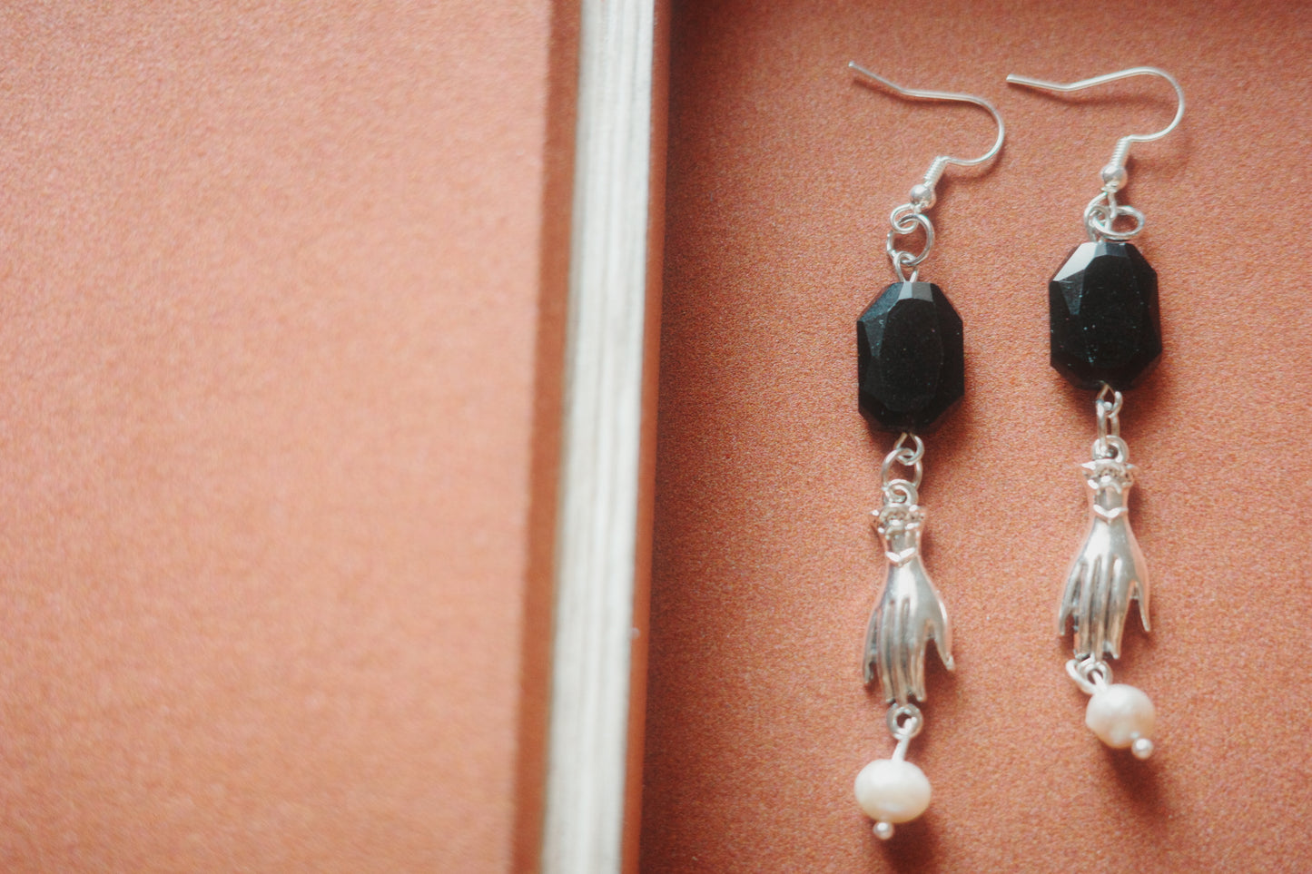 Hands of Midnight – Handmade Black Obsidian and Pearl Earrings with Silver Hand Charms