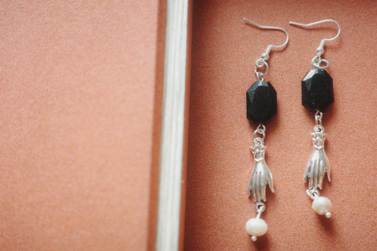 Hands of Midnight – Handmade Black Obsidian and Pearl Earrings with Silver Hand Charms
