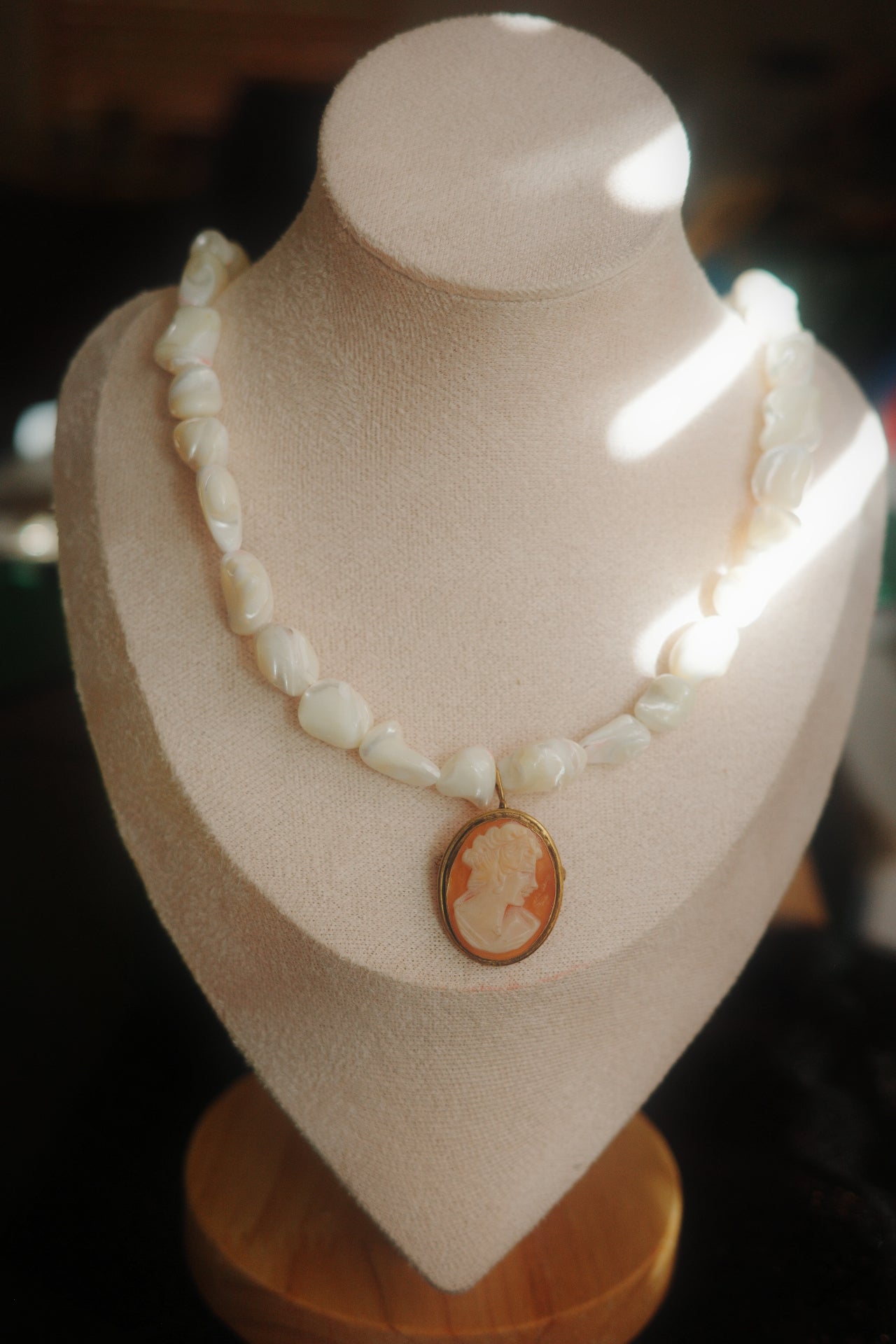 handmade necklace with pearl beads and vintage cameo pendant