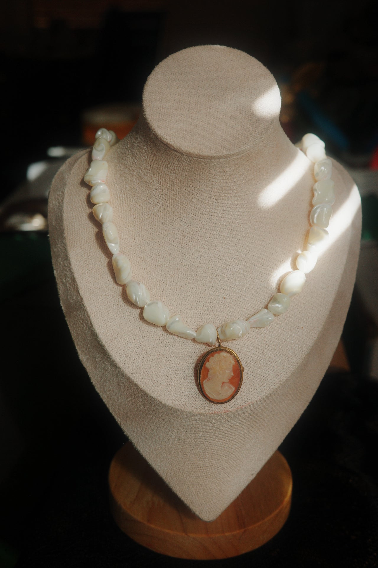 handmade necklace with pearl beads and vintage cameo pendant