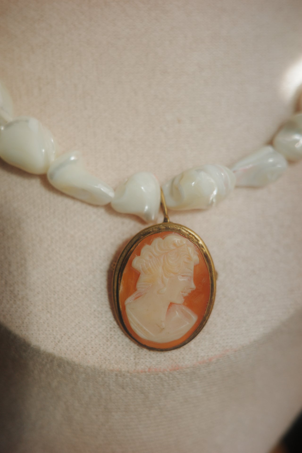 handmade necklace with pearl beads and vintage cameo pendant