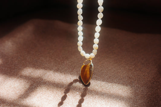 Vintage Pearl Necklace with Tiger Eye Pendant-MinMin Handmade Reborn collection
