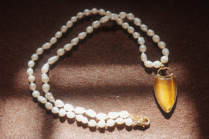 Vintage Pearl Necklace with Tiger Eye Pendant-MinMin Handmade Reborn collection