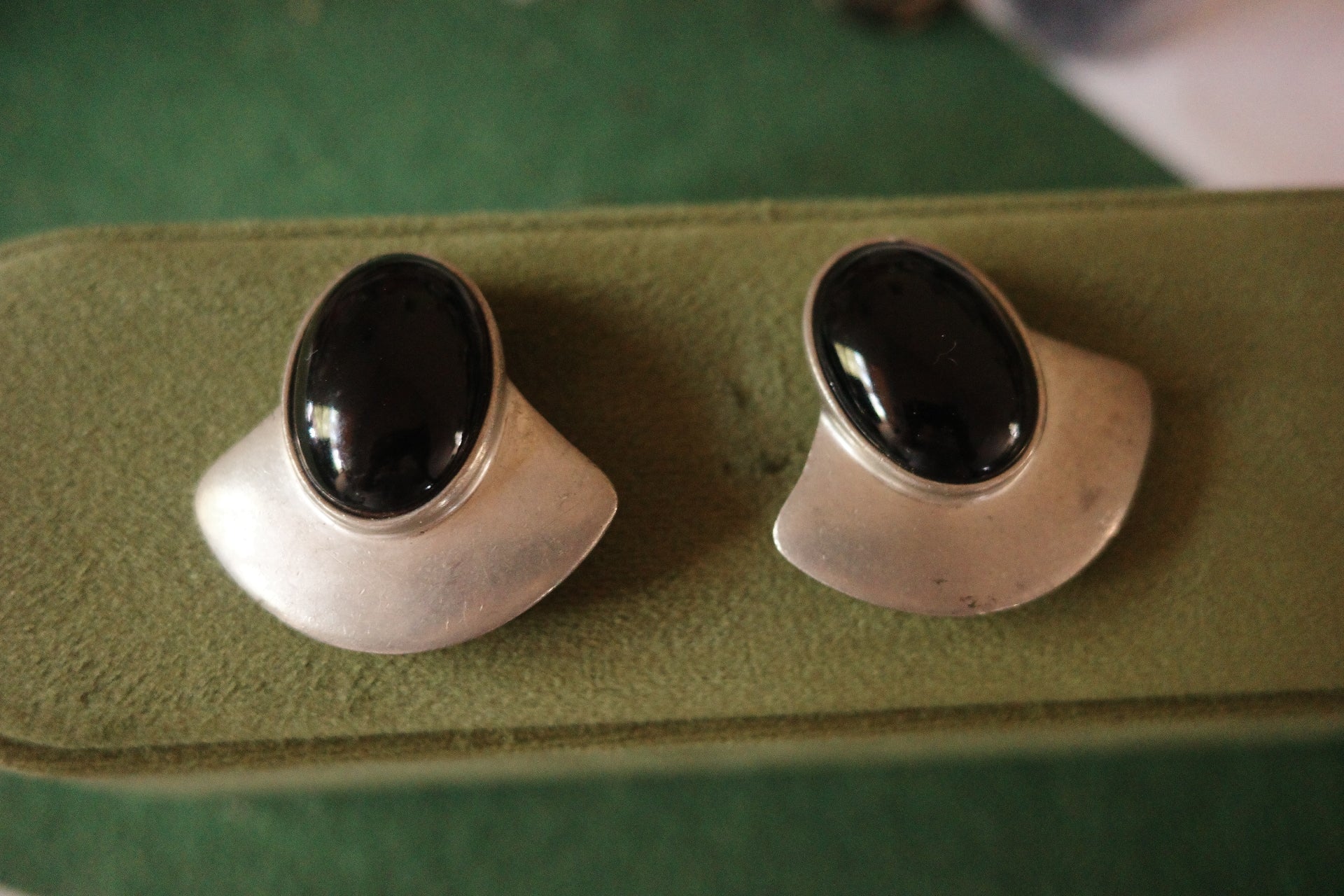 Vintage Ben-Amun Sterling Silver & Black Onyx Sculptural Clip-On Earrings