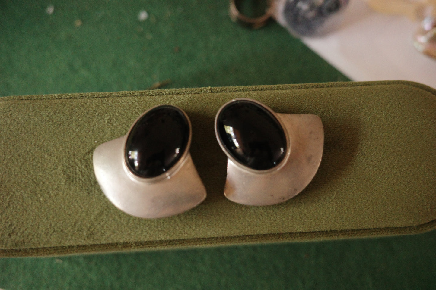 Vintage Ben-Amun Sterling Silver & Black Onyx Sculptural Clip-On Earrings