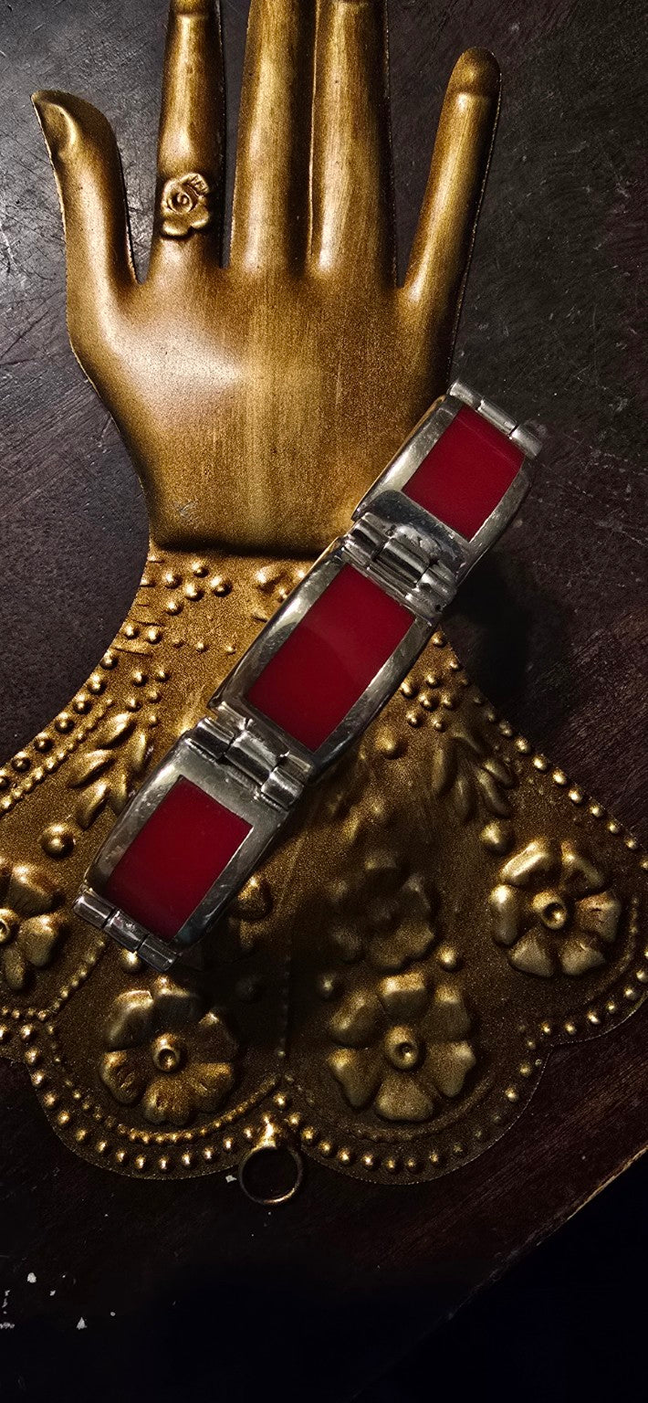 Vintage Taxco Sterling Silver Bracelet with Red Jasper Inlay