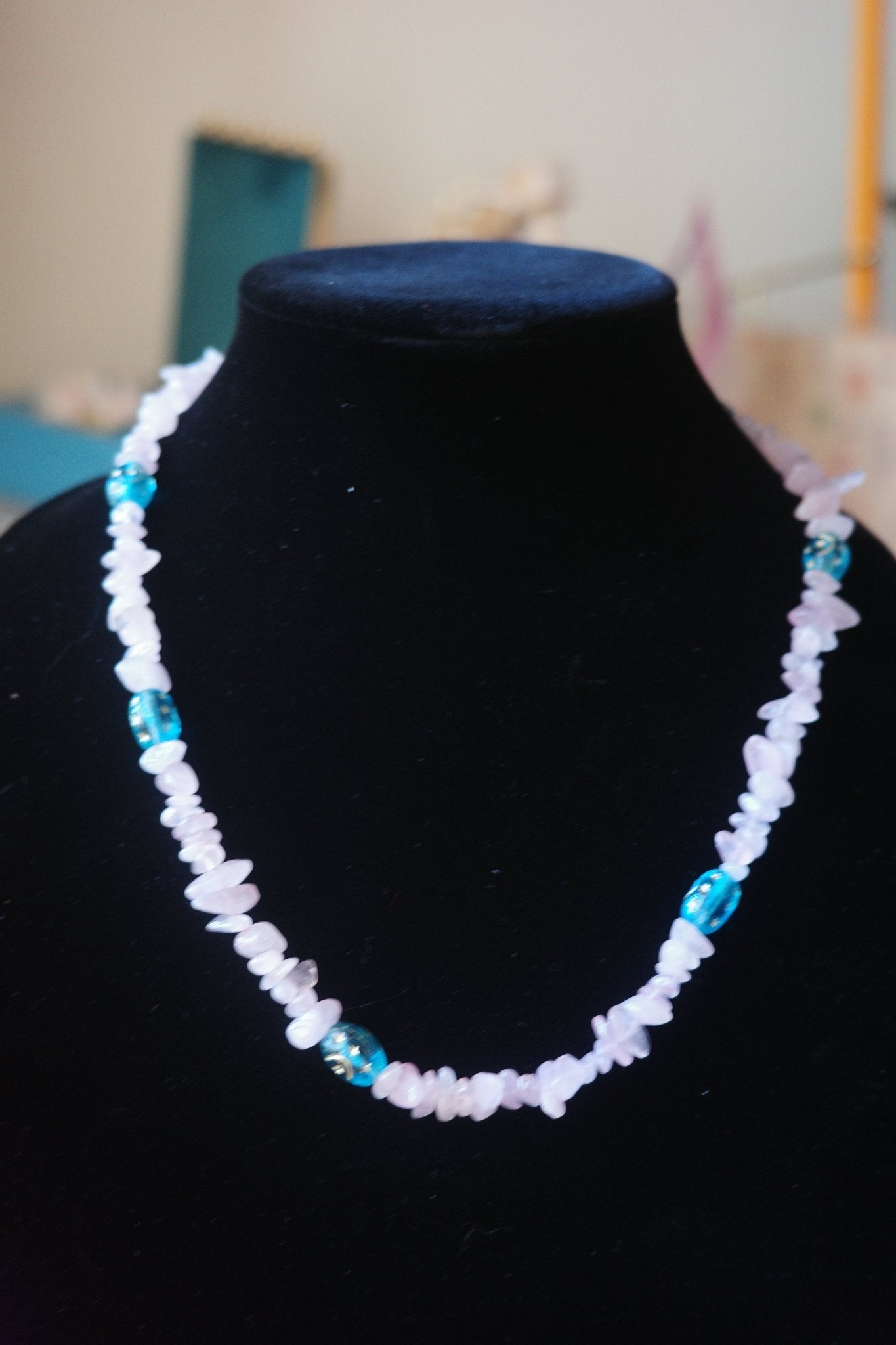 Pink stone and blue Czech beads necklace - Minmin handmade