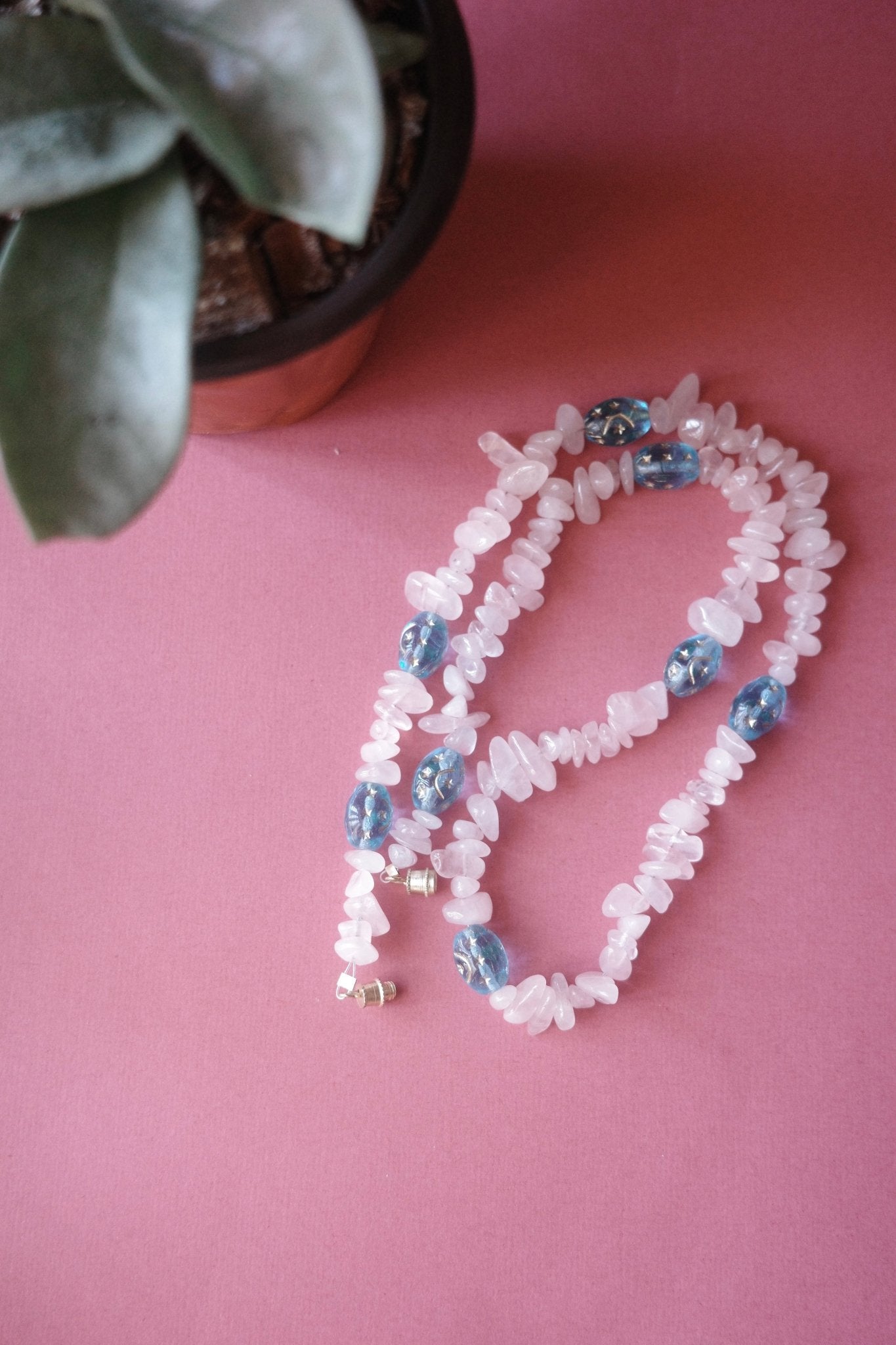 Pink stone and blue Czech beads necklace - Minmin handmade